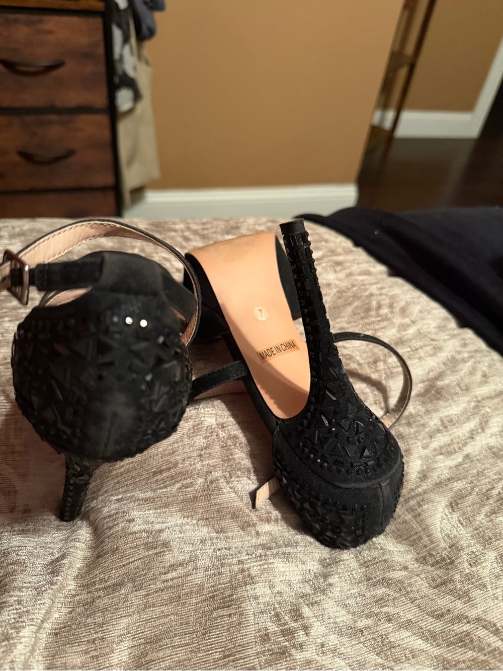Black Embellished Platform Heels - Women Shoes